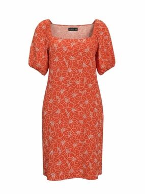 Harper Orange Floral Square-Neck Puff-Sleeve Midi Dress